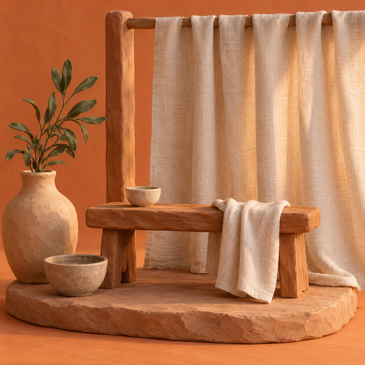 Illustration of wellness studio: linen curtains, a timber bench, ceramic water vessels