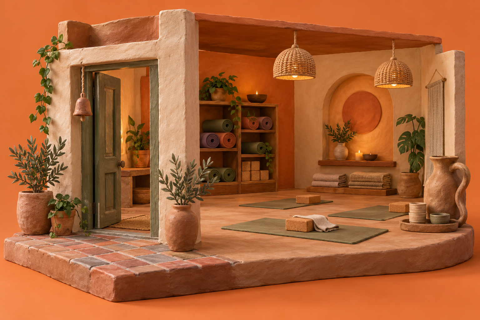 Illustration of wellness studio: ceramic water vessels, rolled yoga mats, cork blocks