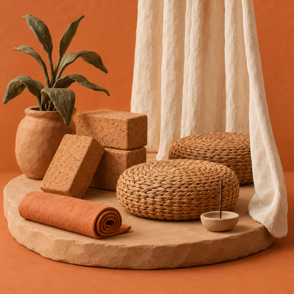 Illustration of wellness studio: cork blocks, woven floor cushions, linen curtains
